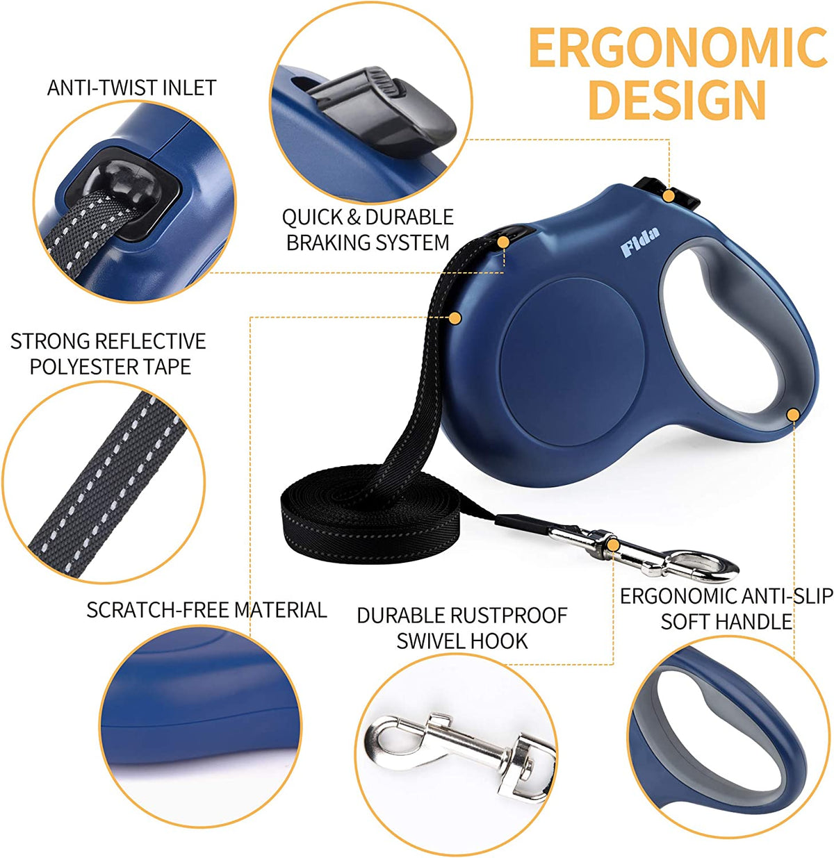 Retractable Dog Leash with Dispenser and Poop Bags,16 Ft, Navy Blue