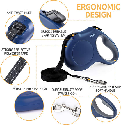 Retractable Dog Leash with Dispenser and Poop Bags,16 Ft, Navy Blue