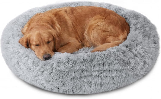 Calming Dog Bed Medium Size Dog, 31In Donut Washable Medium Pet Bed, Anti-Slip & Anti-Anxiety Fluffy Faux Fur round Dogs Bed, Fits up to 45 Lbs Pets (Smoke Grey)