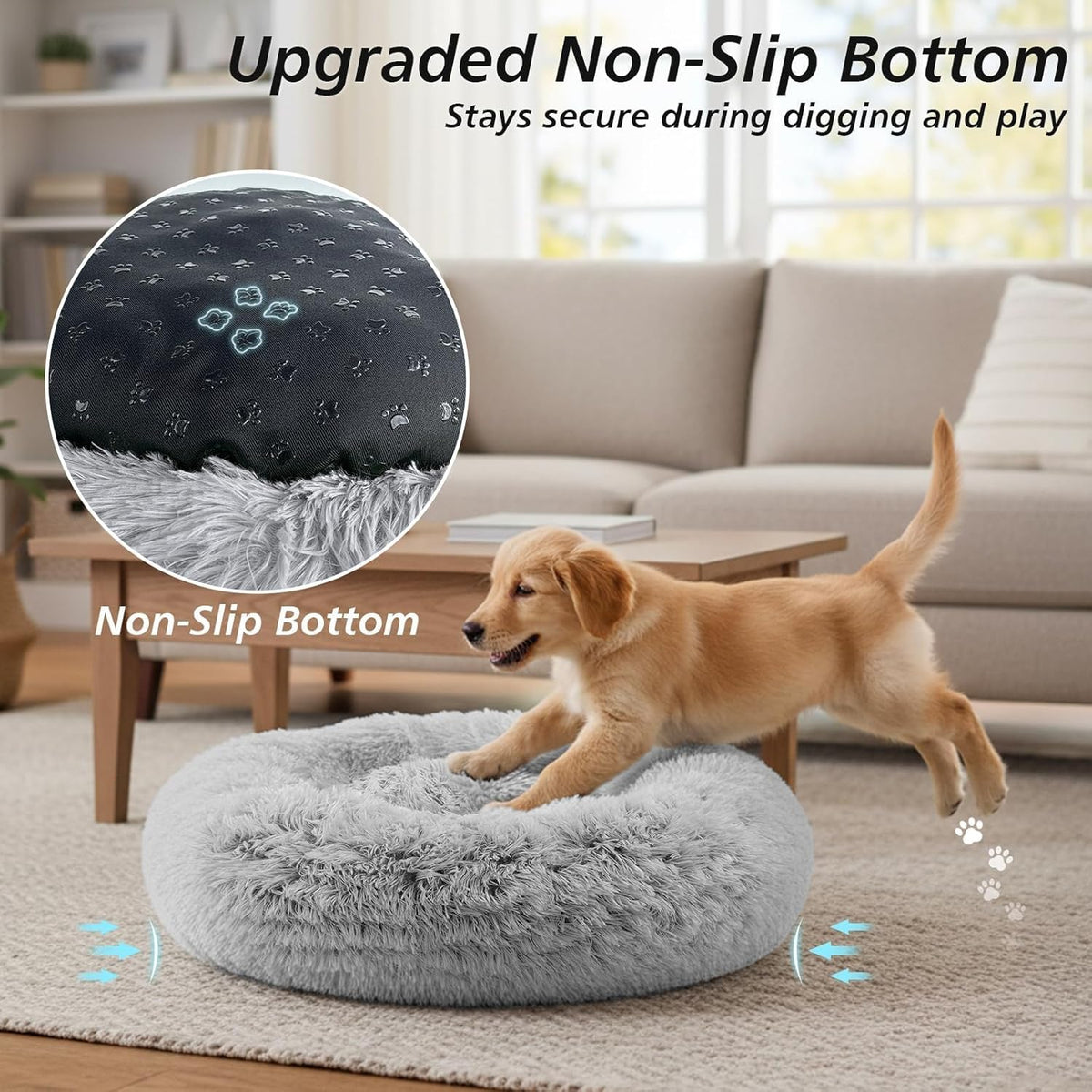 Calming Dog Bed Medium Size Dog, 31In Donut Washable Medium Pet Bed, Anti-Slip & Anti-Anxiety Fluffy Faux Fur round Dogs Bed, Fits up to 45 Lbs Pets (Smoke Grey)