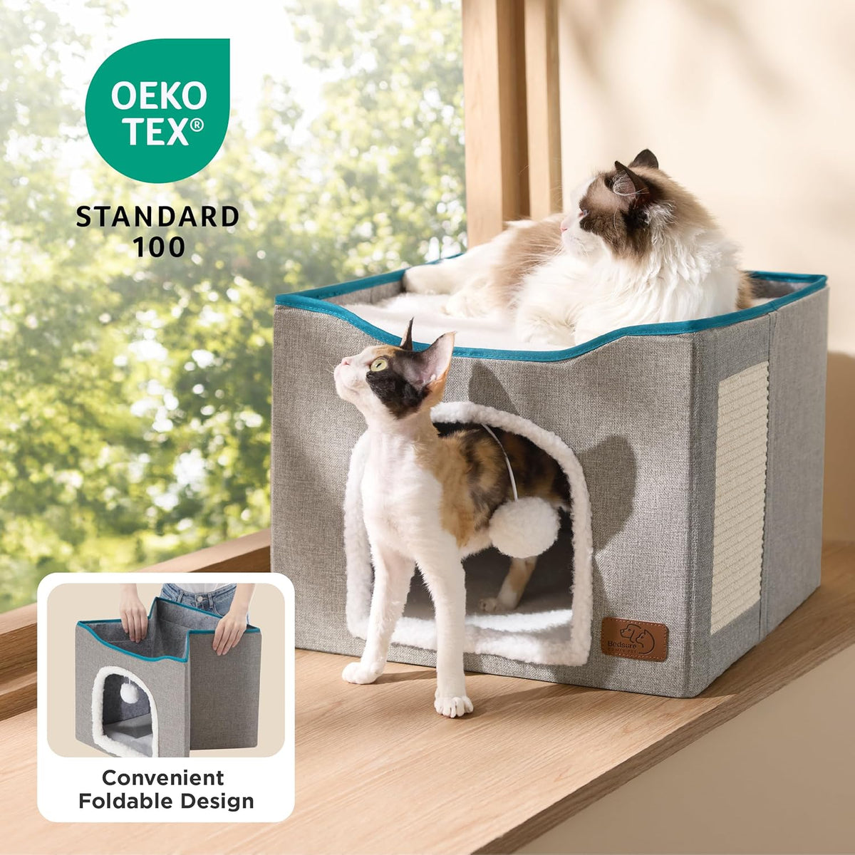 Cat House Bed for Indoor Cats with Fluffy Ball and Scratch Pad,Grey