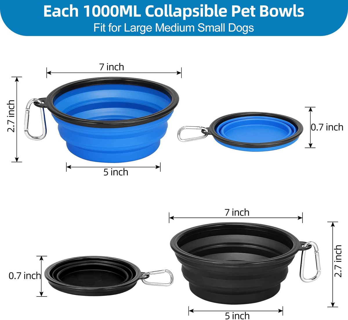 Large Collapsible Dog Bowls 2 Pack, 34Oz Foldable Dog Travel Bowl