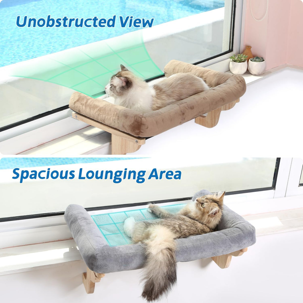 Cat Perch for Windowsill with Bolsters (Natural Wood/Gray, L)