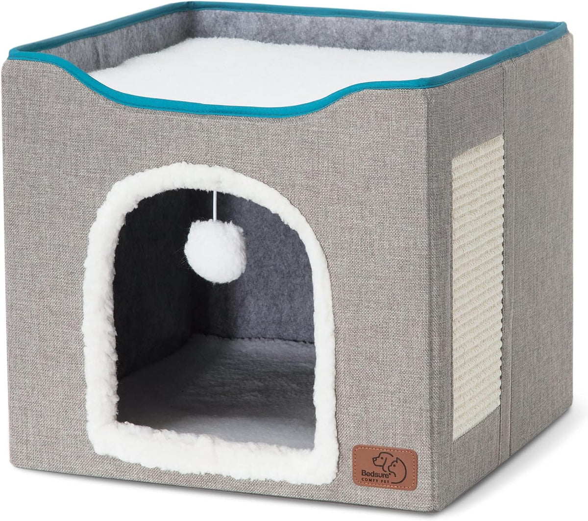 Cat House Bed for Indoor Cats with Fluffy Ball and Scratch Pad,Grey