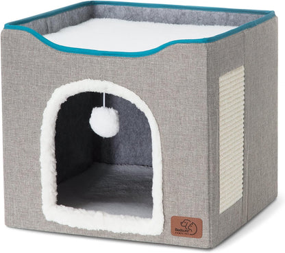 Cat House Bed for Indoor Cats with Fluffy Ball and Scratch Pad,Grey