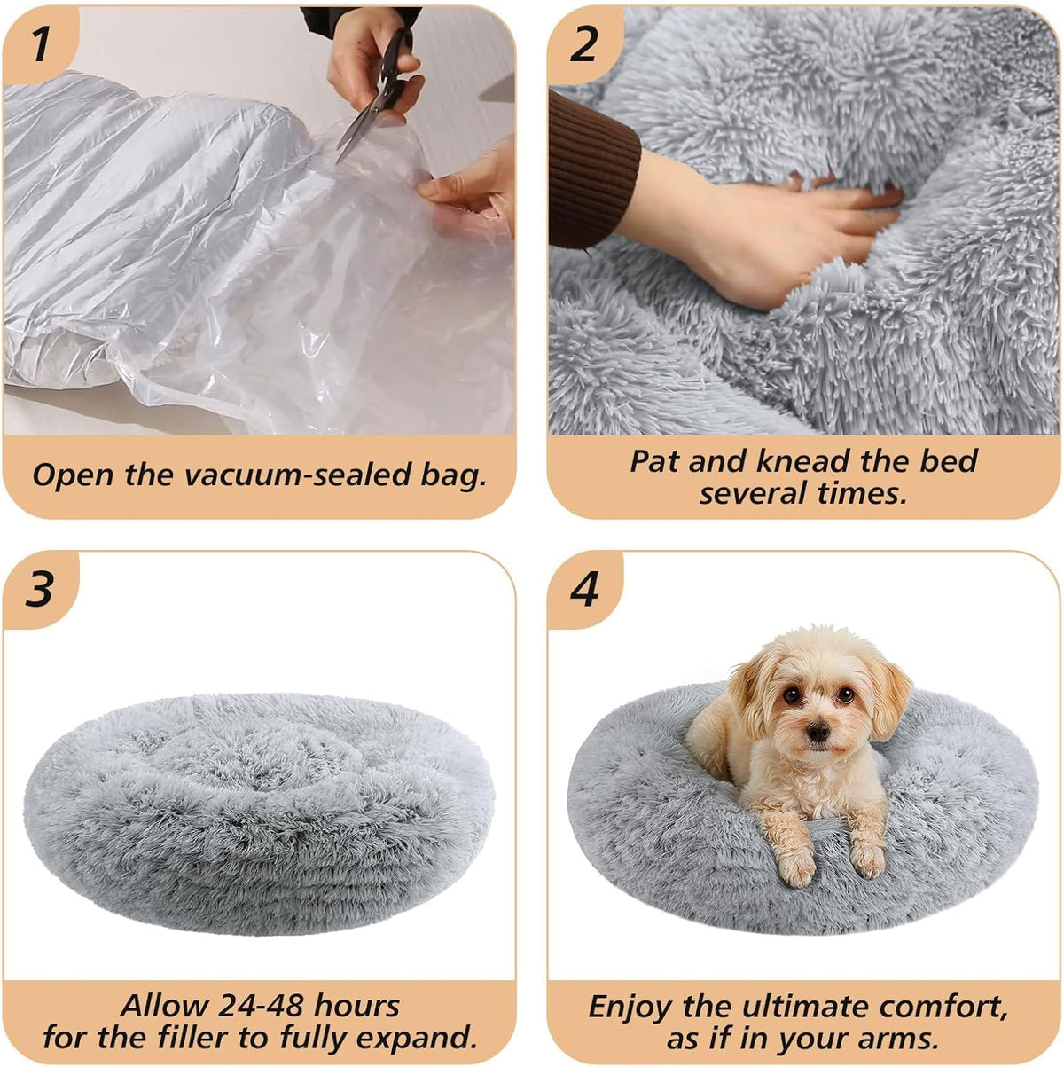 Calming Dog Bed Medium Size Dog, 31In Donut Washable Medium Pet Bed, Anti-Slip & Anti-Anxiety Fluffy Faux Fur round Dogs Bed, Fits up to 45 Lbs Pets (Smoke Grey)