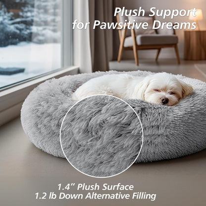 Calming Dog Bed Medium Size Dog, 31In Donut Washable Medium Pet Bed, Anti-Slip & Anti-Anxiety Fluffy Faux Fur round Dogs Bed, Fits up to 45 Lbs Pets (Smoke Grey)