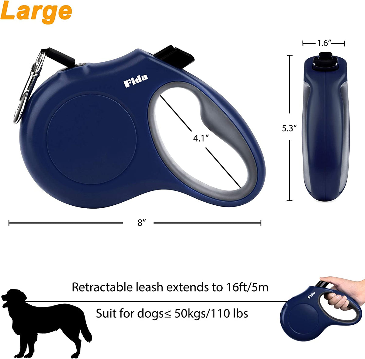 Retractable Dog Leash with Dispenser and Poop Bags,16 Ft, Navy Blue