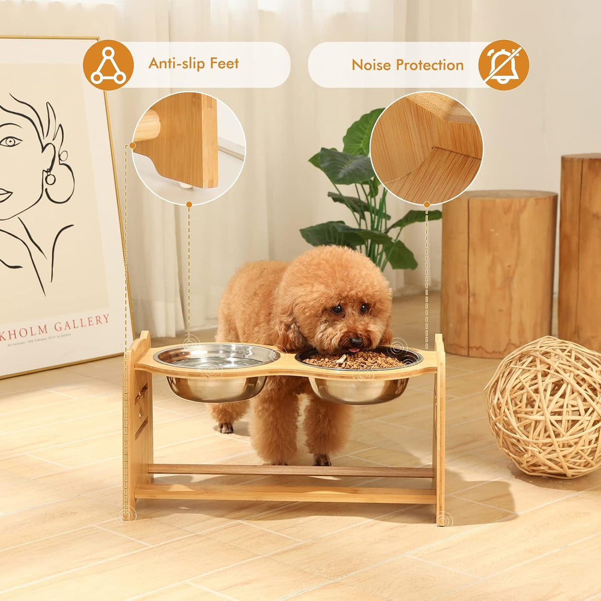 Elevated Dog Bowls for Cats and Dogs, Adjustable Bamboo Raised Dog Bowls for Large Dog, Food and Water Stand Feeder with 2 Stainless Steel Bowls anti Slip Feet (Height 5.1" to 7.5" to 10")…