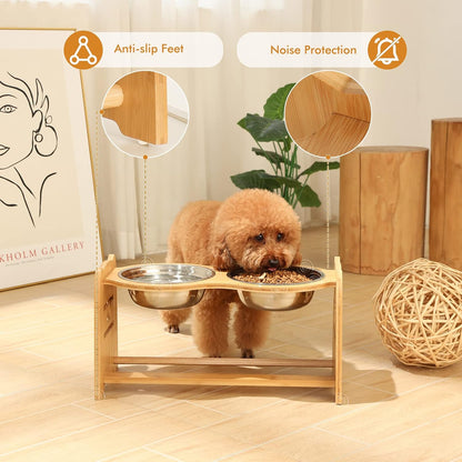 Elevated Dog Bowls for Cats and Dogs, Adjustable Bamboo Raised Dog Bowls for Large Dog, Food and Water Stand Feeder with 2 Stainless Steel Bowls anti Slip Feet (Height 5.1" to 7.5" to 10")…