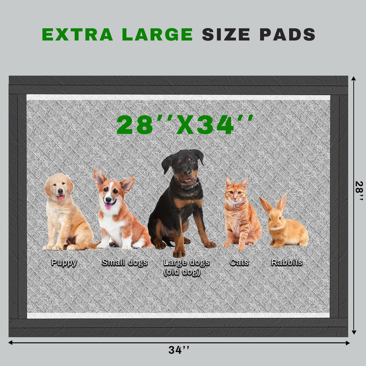 Charcoal Puppy Pads, XL 28"X34", All Edge-Wrapped, Odor-Control Thick Pad