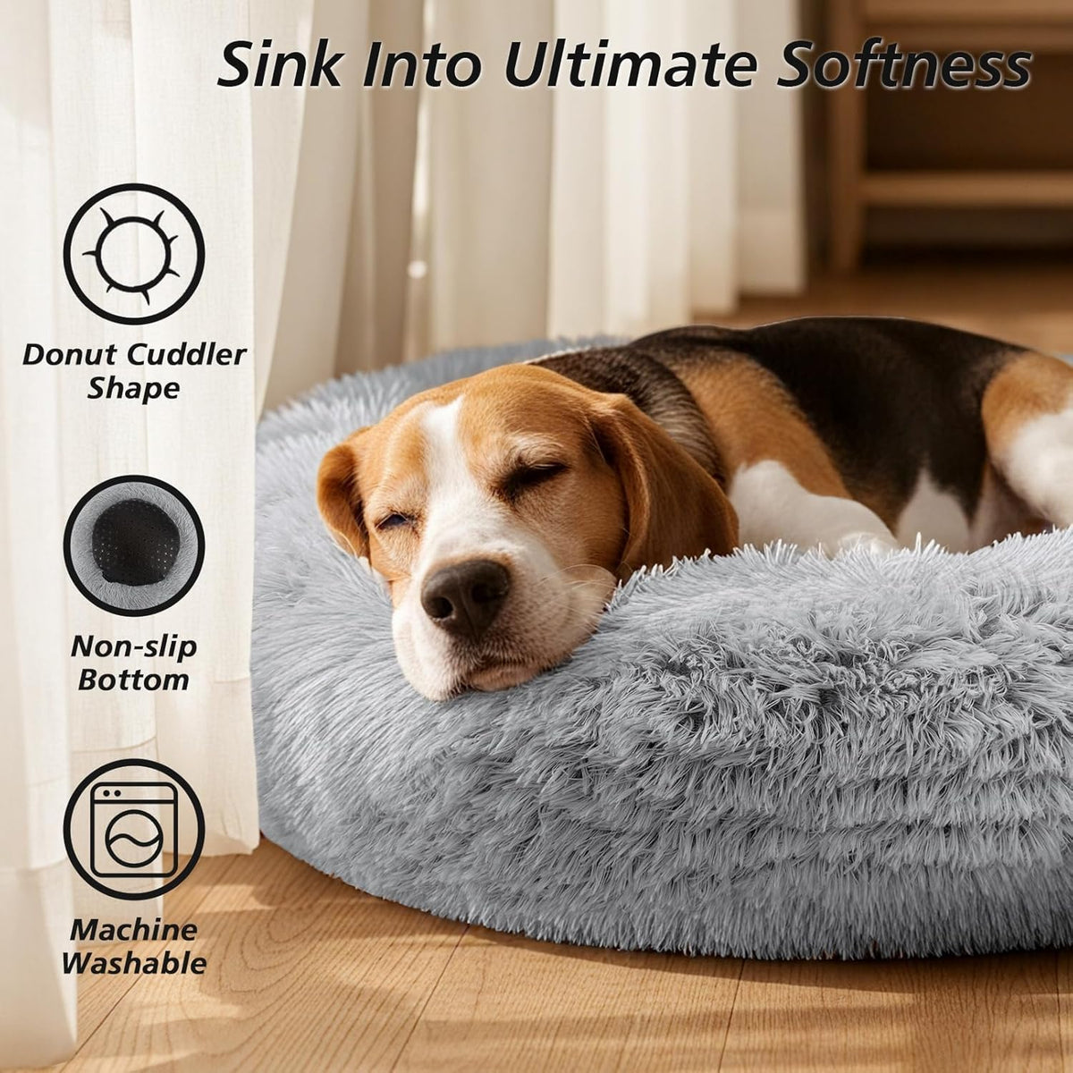 Calming Dog Bed Medium Size Dog, 31In Donut Washable Medium Pet Bed, Anti-Slip & Anti-Anxiety Fluffy Faux Fur round Dogs Bed, Fits up to 45 Lbs Pets (Smoke Grey)