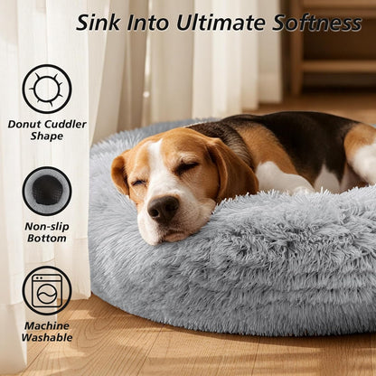 Calming Dog Bed Medium Size Dog, 31In Donut Washable Medium Pet Bed, Anti-Slip & Anti-Anxiety Fluffy Faux Fur round Dogs Bed, Fits up to 45 Lbs Pets (Smoke Grey)