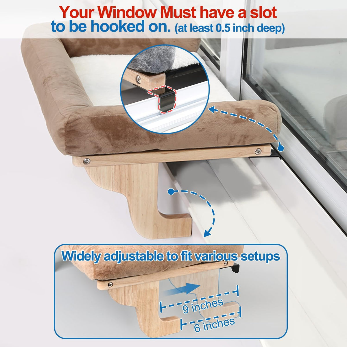 Cat Perch for Windowsill with Bolsters (Natural Wood/Gray, L)