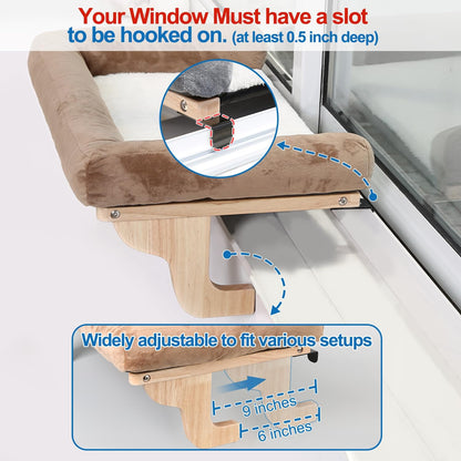 Cat Perch for Windowsill with Bolsters (Natural Wood/Gray, L)